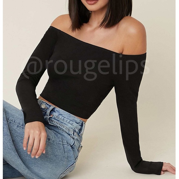 Black Off The Shoulder Long Sleeve Crop Top Fitted  Stretchy - Picture 1 of 8